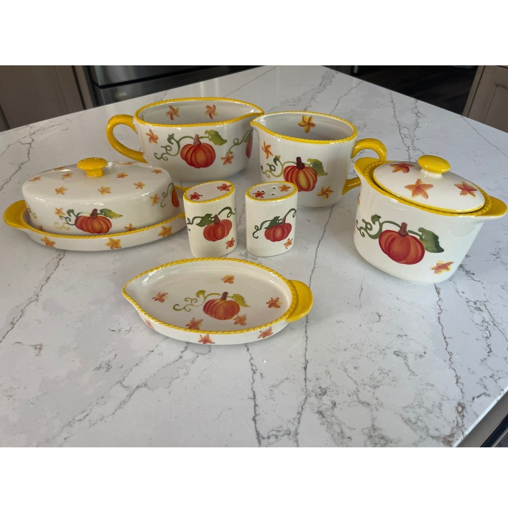 Temp-tations Old World Pumpkin 7 Piece Completer Set Stoneware Thanksgiving NIB